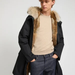 Long Iconic parka in technical cotton with coyote and rabbit fur