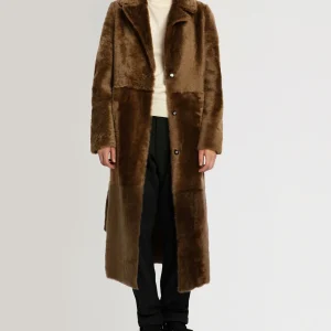 Long reversible belted shearling coat