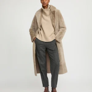 Long reversible belted shearling coat