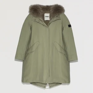 Long cotton parka with rabbit and fox fur