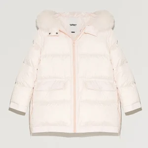 A-line puffer jacket with hood and fox fur trim