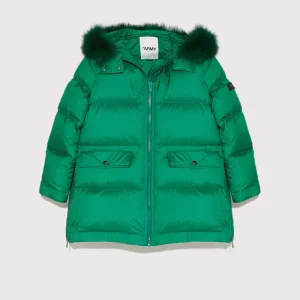 A-line down jacket with a hood and fox fur trim