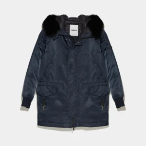 Hooded down jacket in technical fabric with fox fur