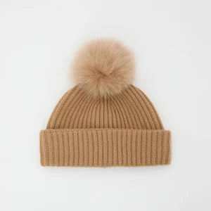 100% cashmere knit beanie with fox fur pompom