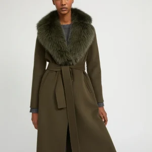 Belted coat in cashmere wool with fox fur collar and lapel
