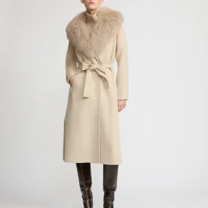 Belted coat in cashmere wool with fox fur collar and lapel