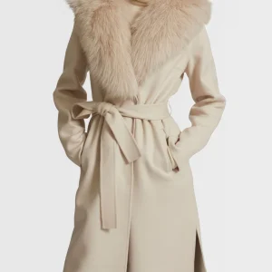 Belted coat in cashmere wool with fox fur collar and lapel