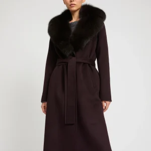 Belted coat in cashmere wool with fox fur collar and lapel