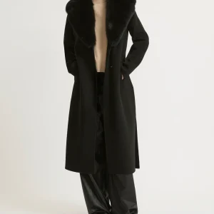 Belted coat in cashmere wool with fox fur collar and lapel