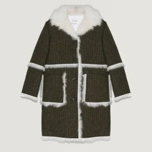 Woollen fabric and shearling hooded coat