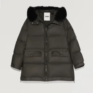 “A” line down jacket with fox fur hood trim