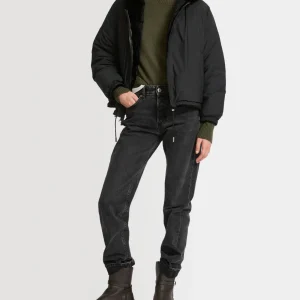 Short hooded down jacket in technical fabric reversible ribbed rex rabbit fur