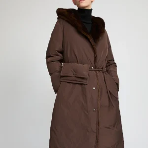 Long down jacket in technical fabric and mink fur