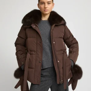 Belted technical fabric down jacket with detachable fox fur collar