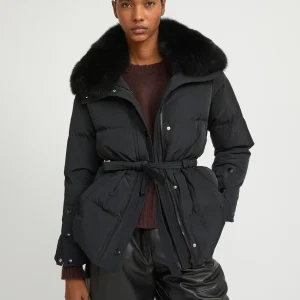 Belted technical fabric down jacket with detachable fox fur collar
