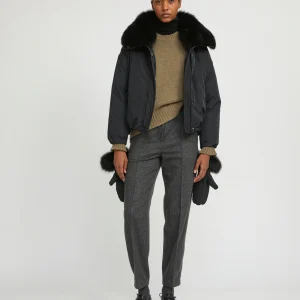 Short technical fabric down jacket with detachable fox fur collar