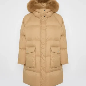 Long down jacket with raglan sleeves and fluffy lambswool trim