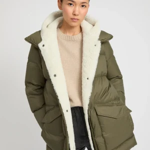 "A" line down jacket with lambskin shearling bib