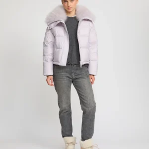 Short down jacket with fluffy lambswool trim