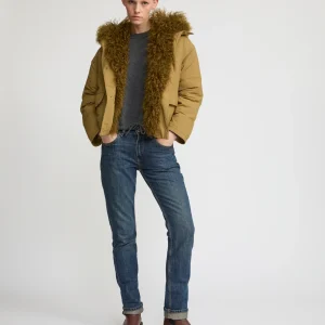 Short ultra-light down jacket with curly lambskin trim