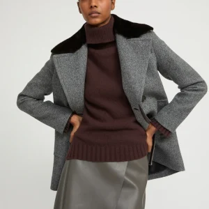Woollen peacoat with lambskin leather details and mink fur collar