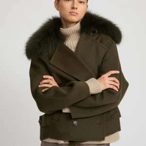Cashmere-blend pea jacket with removable fox fur collar